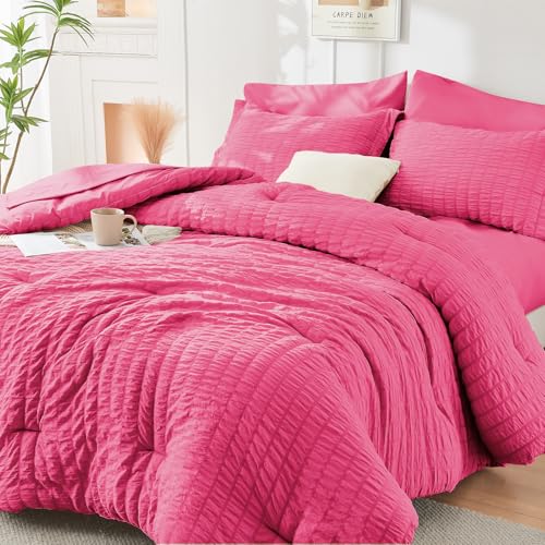 HYMOKEGE Hot Pink Queen Comforter Set Seersucker