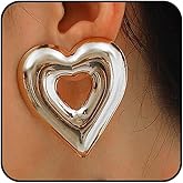 Chunky Gold Large Heart Dangle Earrings for Women Simple Silver Hollow Heart Drop Earrings Fashion Big Love Stud Earrings Everyday Jewelry Accessories