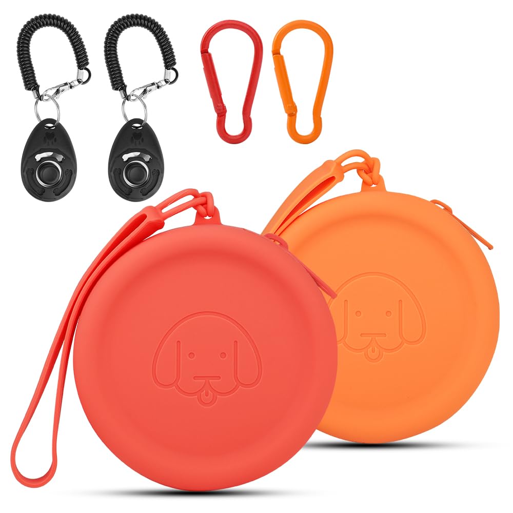 WALLFID Silicone Dog Treat Pouch, 2PCS Pet Walking Bag for Dogs and Cats - Pocket Size, Easy to Clean, Odorless, Zipper Design, Moisture-proof, Portable Training (Orange & Red)