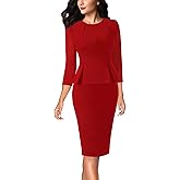 VFSHOW Womens Pleated Crew Neck Peplum Slim Work Business Dress Elegant 3/4 Sleeves Office Church Bodycon Pencil Sheath Dress