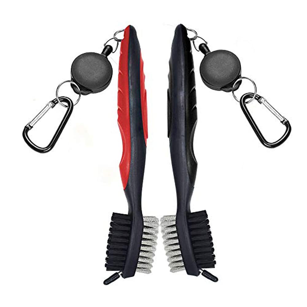 wiiAiloo 2 Pieces Golf Club Brushes Dual-Bristle Club Cleaning Tools Golf Club Cleaners with 2 Ft Retractable Zip-line Aluminum Carabiner for Golf Lover and Golfers