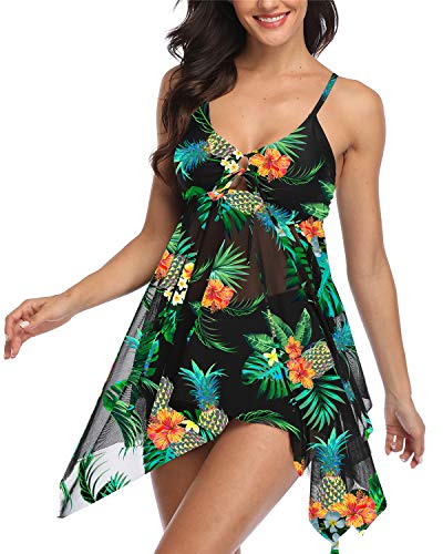 Temptme Women Swimsuit Two Piece Tankini Mesh Swimdress Floral Printed with Boyshort Bathing Suits - Thumbnail 2