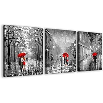 Paris Canvas Wall Art for Bedroom Black and White Romance Rainy City Street View Red Umbrella People Picture Wall Decoration 3 Pieces Print Artwork Ready to Hang for Home Bathroom Modern Wall Decor