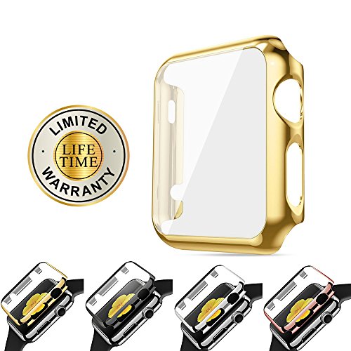Apple Watch 38mm Screen Portector Case,DiDaDi 2 in 1 Ultra-Slim Electroplate Metal Plated Hard Case Cover with Full Coverage Tempered Glass Screen Protector Cover for Apple Watch 38mm[Gold]