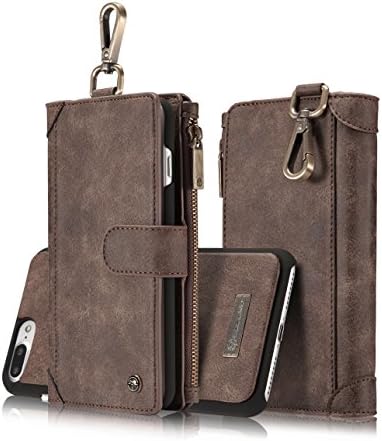 iPhone 7 Plus Case,HIPICB Movement Series Handmade Premium Leather Wallet Phone Case,[Carabiner][Credit Card Slot] [Detachable Magnetic Case] [Wallet]Zipper Storage for iPhone 7 Plus 5.5 inch (Brown)