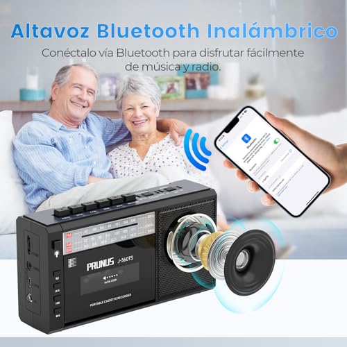 PRUNUS J-360 Bluetooth Cassette Player, Am/FM Solar and Rechargeable Radio Cassette Player with Headphone Jack, TF/USB Player.