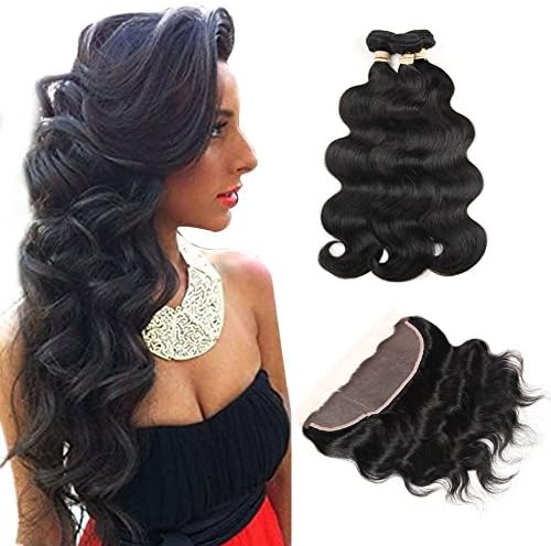 ALOT Hair 100% Unprocessed Brazilian Real Human Hair 3 Bundles with 13×4 Ear to Ear Lace Frontal Closure, Body Weave Hair Extensions , Natural Color Weft(12 12 14 with 10)