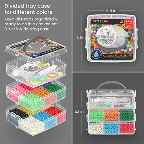 Arteza Kids Water Fuse Beads Kit, 9600 Beads, 12 Colors, with Storage