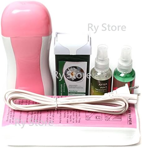 5 in 1 Azulene Taste 100g Wax Roll-on Refillable Depilatory Wax Heater Waxing Hair Removal Kit Tools Machine with 100 PCS Paper Strips , Post After Wax Treatment Spray Pre Before Waxing Liquid Cleaner Clear, 110v Us Plug