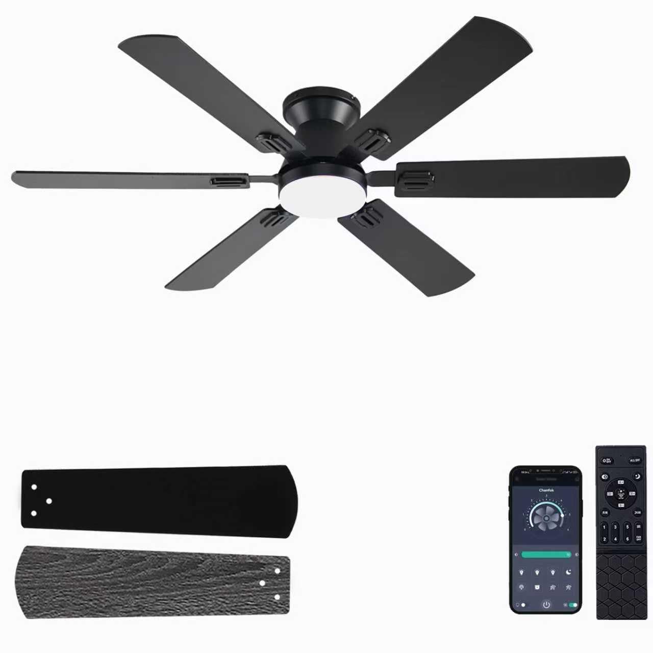 Photo 1 of (PARTS) (UNTESTED) KNUN 56 inch Ceiling Fans with Lights, Black Flush Mount Ceiling fan with Light and Remote/APP Control, 3CCT, Dimmable, Noiseless, Low Profile Ceiling Fan for Bedroom, Patio, Indoor/Outdoor Use