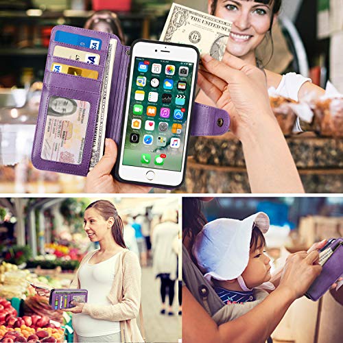Cornmi Compatible for iPhone 8 Plus Wallet Case,Detachable Wallet Leather Cover 13 Card Slots Wristlet and Shoulder Strap Handbag Purse Flip Stand Slim Mirror case Compatible with iPhone 6/7 / 8 Plus