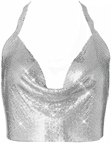 Women Sexy Sparkly Halter Neck Rhinestone Crop Top Deep V Tank Top
