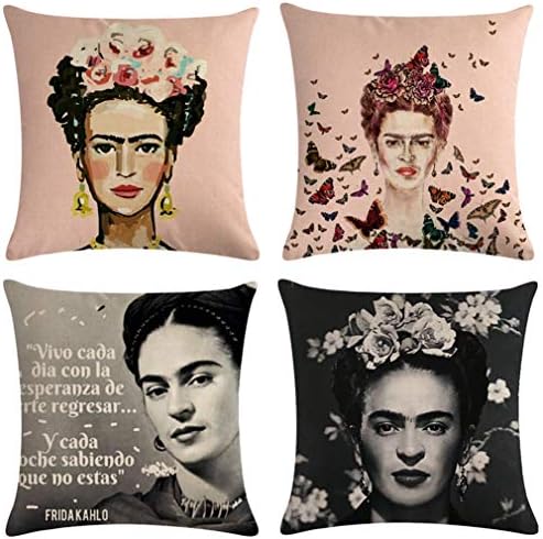 Joyi 4 Pack Frida Kahlo Self-Portrait Cotton Linen Throw Pillow Case Car Cushion Cover 18"x18",Pattern 28