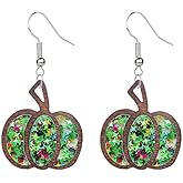 ONLYJUMP Thanksgiving Retro Colorful Print Pumpkin Wooden Earrings For Women Lightweight Handmade Fall Earrings Thanksgiving Glitter Sequin Pumpkin Drop Earrings Fun Thanksgiving Jewelry
