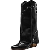 IDDIFADAI Women Shark Boots Fold Over Studded Mid Calf Cowboy Chunky Heel Pointed Toe Cowgirl Boots