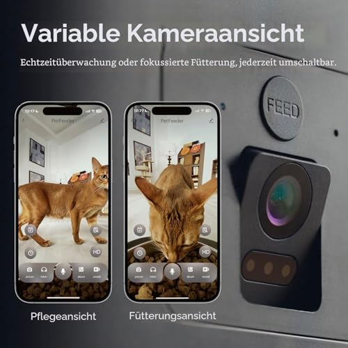 Automatic Cat Feeder with Camera 6L, Automatic Cat Feeder for Cats and Dogs, App Control via WiFi, 2-Way Audio, Night Vision, Feeder with Stainless Steel Bowl (White & Red)