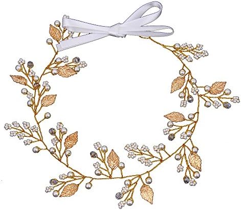 Fairy Moda Boho Wedding Hair Vine Gold Leaf Headband Bridal Hair Accessories with Simulated Pearl