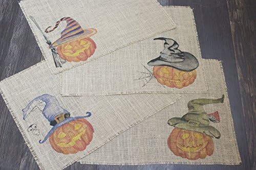 Halloween Jack O'Lantern burlap placemats with fun whimsical pumpkins in witch hats
