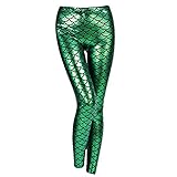 JNTworld Women Sexy Mermaid Fish Scale Hologram Soft Shine Leggings, L, emerald