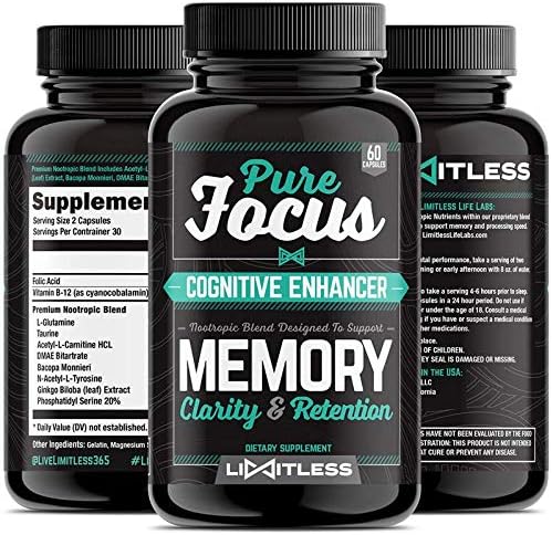 Brain Supplement - Pure Focus Nootropics, Memory, Clarity, and Retention Booster Pills, Max Strength Formula with Ginkgo Biloba and Bacopa by Limitless