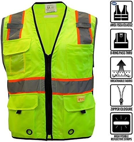Troy Safety P6612 Class 2 High Visible Two Tone Reflective Strips Breathable Mesh Vest, Pockets Harness D-Ring Pass Thru, ANSI/ISEA, Construction Motorcycle Traffic Emergency (3XL, Neon Yellow)