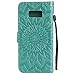 A-slim Galaxy S8 Wallet Case, Totem Sun Floral Flower Pattern Embossed PU Leather Magnetic Flip Cover Card Holders & Hand Strap Wallet Purse Case for Samsung Galaxy S8 - Green