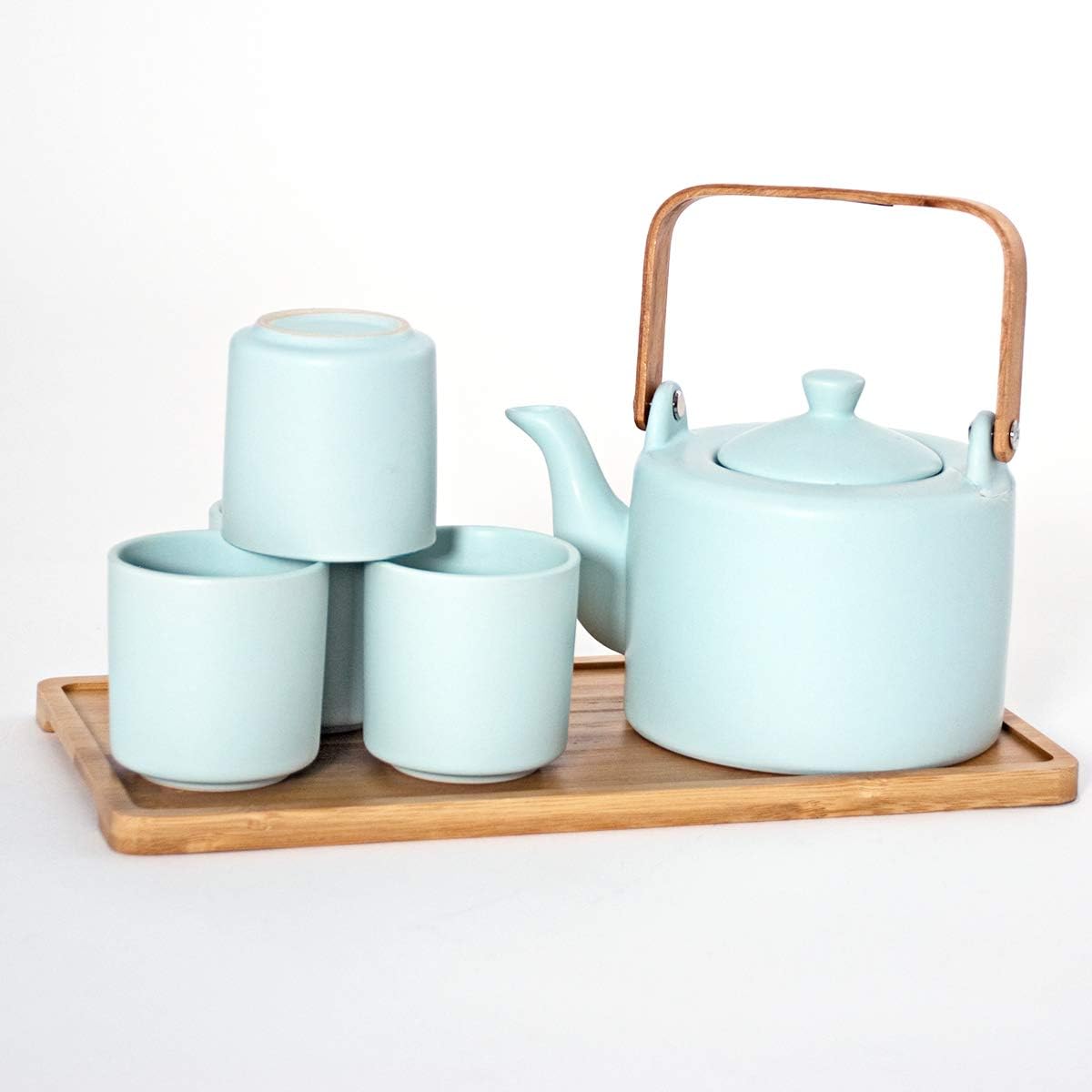 Hinomaru Collection Ceramic Teapot with Stainless Steel Infuser and Metal Handle 26 fl ounce and Four Tea Cups with Bamboo Serving Tray Tea Set & Bamboo Handle (Celadon Green)