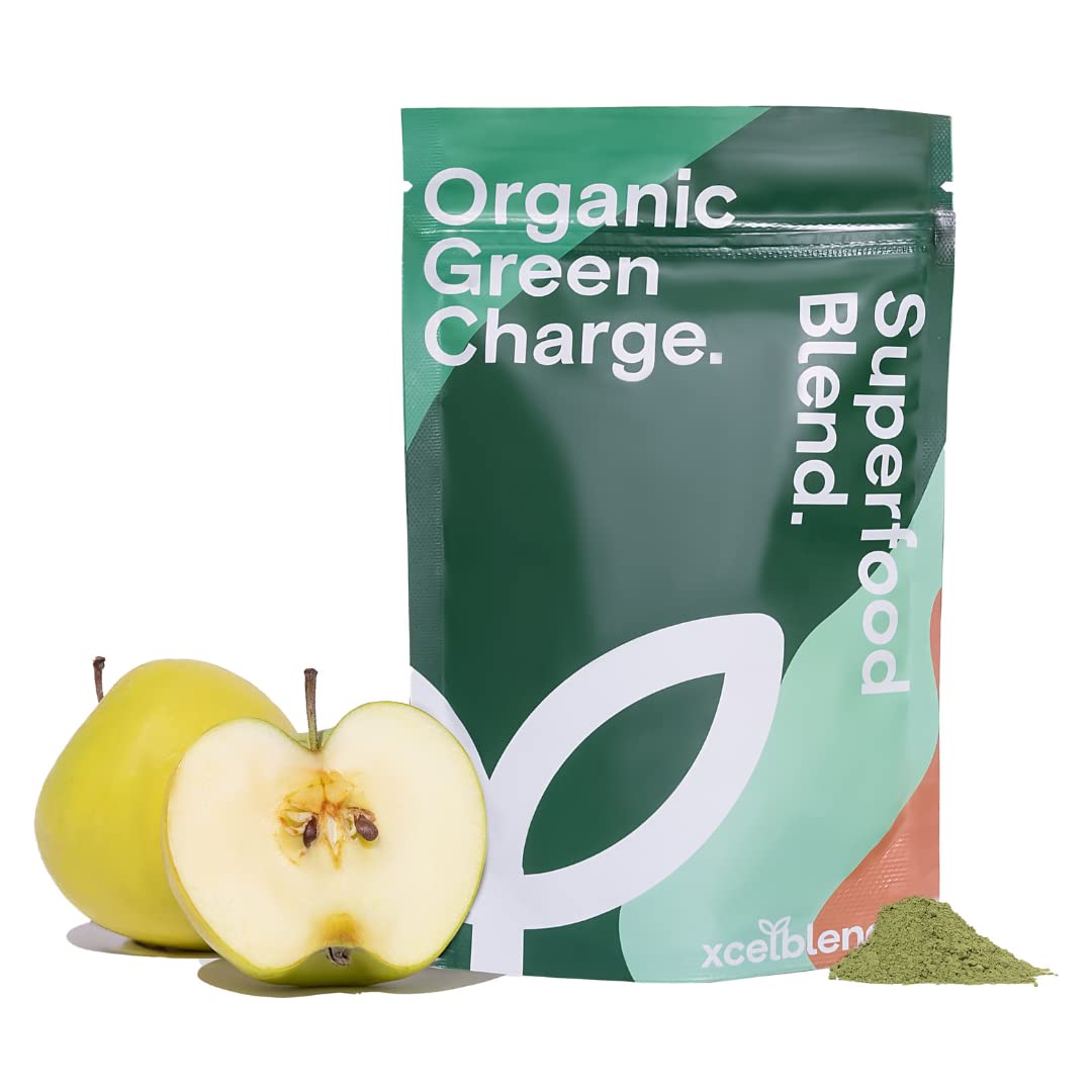 Healthxcel Green Charge Organic Greens Powder 150g - Pharmacist-Formulated for Digestion, Boost Immunity & Lower Stress | Ashwagandha, Moringa, Barleygrass, Spirulina, Chlorella, Apple,Lucuma