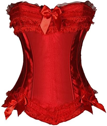 Amoluv Women's Sexy Satin Boned Lace up Corset with G-string Red