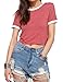 Women's Summer Casual Short Sleeves Crew Neck T Shirts Stripe Tees Crop Tops for Teen Girls (S, Red&White)