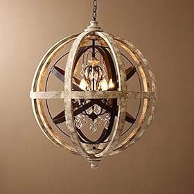 KunMai Rustic Retro Weathered Wooden Globe Metal Orb Crystal 5-Light Chandelier Candle Style Wood Pendant Light Fixtures… 518Kk43%2BfLL
