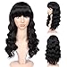 WIGNEE 100% Virgin Human Loose Deep Wave Wigs with Bangs Brazilian Human Hair Wave Wig Natural Black (18 Inch)