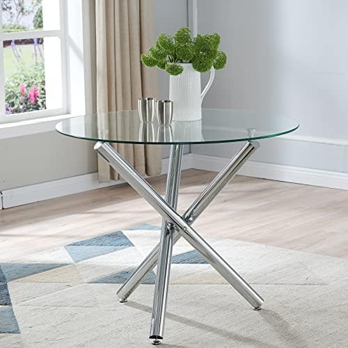 SICOTAS Glass Dining Table Round Kitchen Table with 3 Silver Chrome