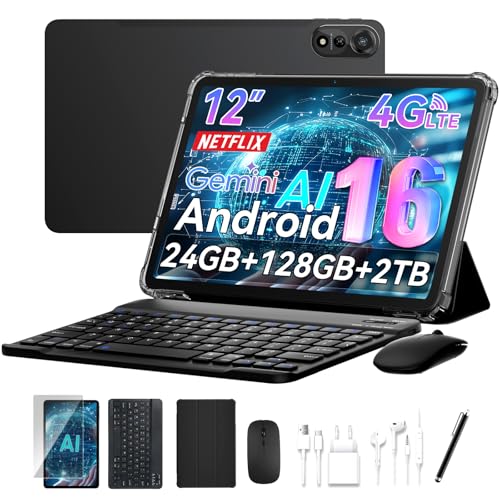 2026 Android Tablet 16, 12 Inch Tablet with Keyboard, 4G LTE+5G WiFi,24GB RAM+128GB ROM, Octa-Core Tablets with Pen/Mouse for Work and Study, 9000mAh,WideVine L1/Gemini AI/GPS/Face ID, 4 Year Warranty