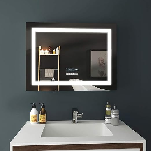 Emke Led Badspiegel 80x60cm Beleuchtung Badezimmerspiegel Wandspiegel Mit Bluetooth 4 1 Lautsprecher Touch Schalter Beschlagfrei Uhr Amazon De Kuche Haushalt