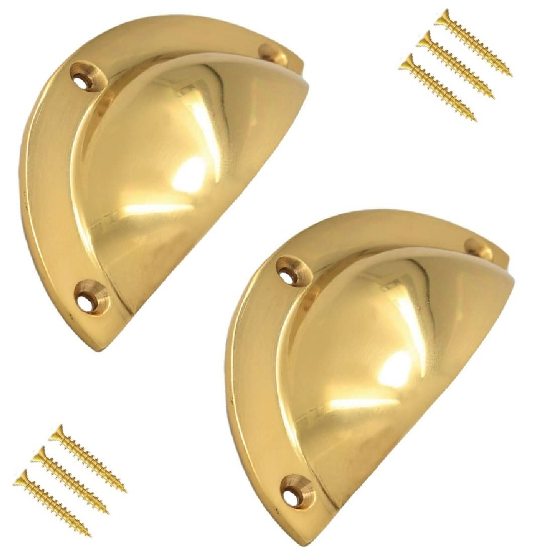 TERF® Traditional Vintage Polished Brass Cabinet Pull Handle 90mm Semi Circle Handle Pull Knob Including Fixing Screw for Use Window Drawer Cupboard Cabinet Wardrobe Door Gate - Pack of 2