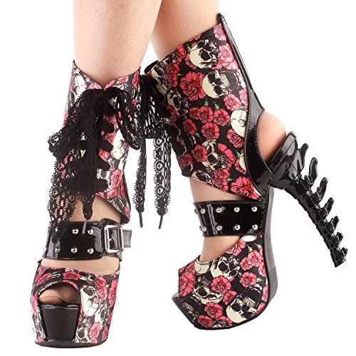 SHOW-STORY-Punk-Skull-Rose-Print-Stud-Buckle-Lace-UpPlatform-Bone-Heel-Club-Ankle-Bootie-SandalsLF80663