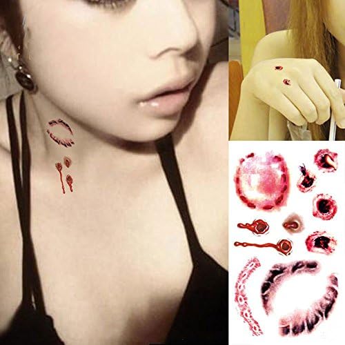 ZLTFashion 10Pcs Halloween Zombie Scars Tattoos With Fake Scab Bloody Bite Mark Costume Makeup Halloween Decoration Terror Wound Scary Blood Injury Sticker (E)