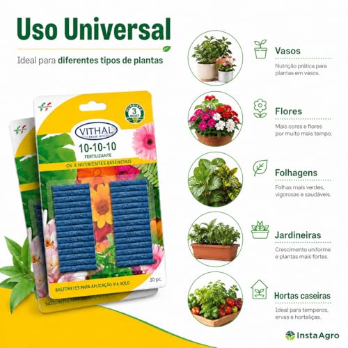 Adubo Fertilizante Vithal Bastonetes 10-10-10, Aplicação via Solo, Kit com 2 Pacotes, 30 Unidades Cada