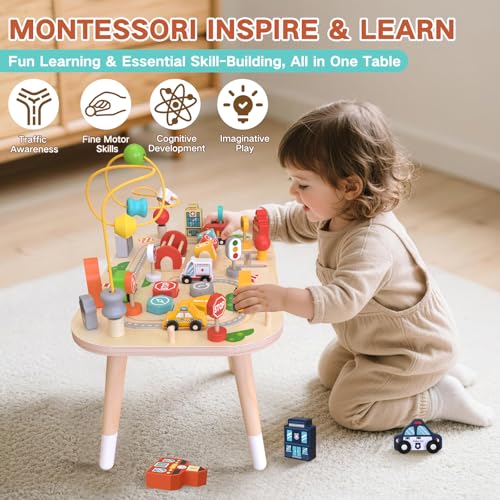 Weilim Baby Activity Table, Wooden Sensory Table with Bead Maze Sort Shapes and Train Circuit, Montessori Farm Toy, Educational Toy for Kids (Car)