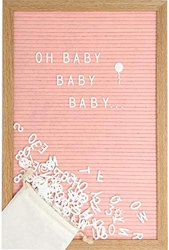Pink Felt Letter Board Set with 12 x 17 inch Oak Frame, 374 Precut Letters and Symbols, Script Words, Wall Hook and Stand - Perfect Baby Shower Decoration for Girl or Mom