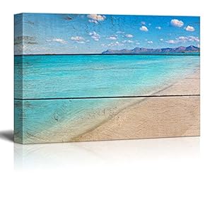 Canvas Prints Wall Art - Tropical Beach on Vintage Wood Background - 12" x 18"