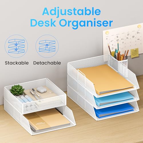 VITVITI 5 Tier Stackable Tray for Office, Desk Paper Organizer, File Trays, Office Desk Accessories with Pen Holder - White
