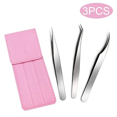 Quewel Lash Eyelash Extension Tweezers Set Eyelash Applicator Tool Curved and Straight pointed Tweezers Lash Extension Supplies Stainless Steel Precision Tweezers Silver (Mirrored,3 pcs,s2)