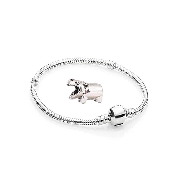 Charms Nilpferd Silber Farbe - 1 Armband und 1 Anhänger Edelstahl Starter Set Angebot - Damen Schmuck für bettelarmband Pando