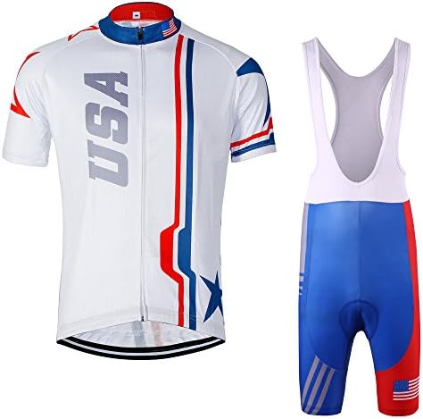 Men cycling clothes short sleeve bike clothes (Large, White Bib Set USA)