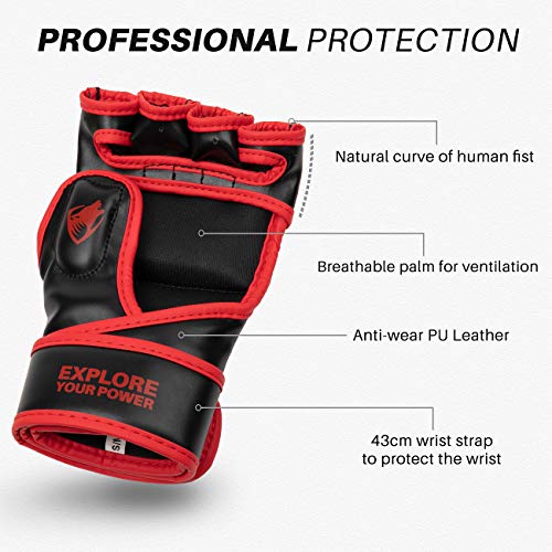 Liberlupus MMA Gloves, UFC Boxing Fight Gloves MMA Mitts with Adjustable Wrist Band for Sanda Sparring Punching Bag Training (Black & Red, L/XL)