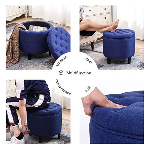 YAMASORO Fabric Cushion Button Lift Top Storage Footstool, Height 18 Inches Strudy Round Ottomans & Storage Ottomans, Blue