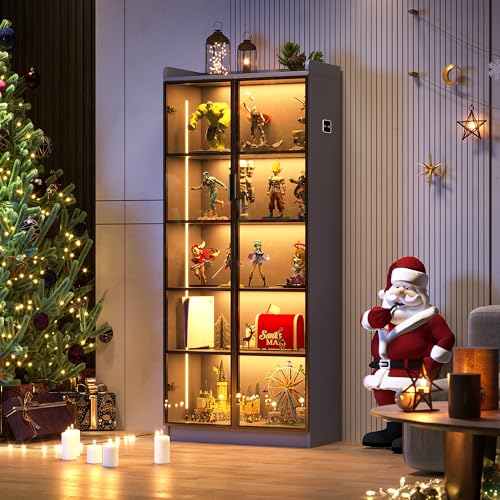 Storage Cabinet with Doors Adjustable Shelves - 65" White Tall Kitchen Pantry Organizer with Metal Handle/LED Lights/Human Sensor - 5 Tier Display Bookcase for Bedroom Living Room Office (A-Grey)