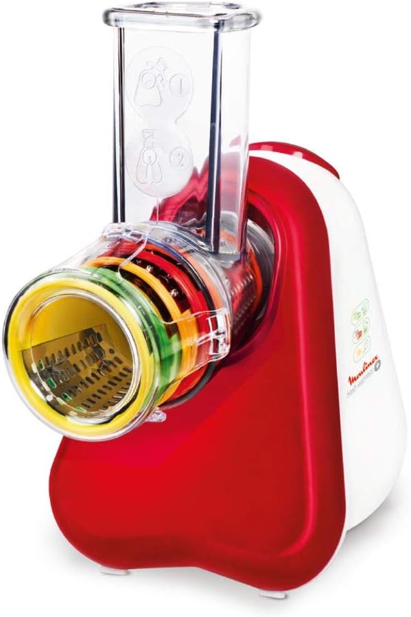Moulinex DJ756G Fresh Express Plus | Elektrisches Schnitzelwerk | Gemüseschneider | Gemüsehobel | 5 Einsätze inkl. Reiben | 200W | Rot/Weiß